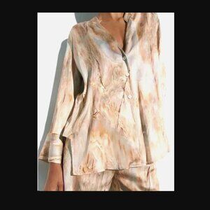 ZARA SATIN EFFECT Brown TIE-DYE Button Front Blouse Size XL